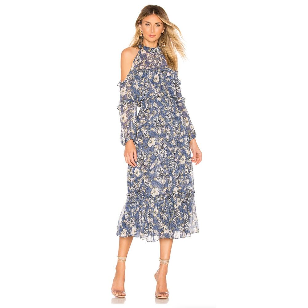Misa Los Angeles Blue Floral Cold-Shoulder Midi Dress